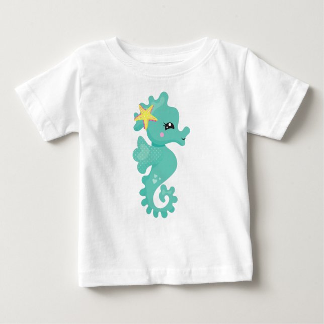 T-shirt Pour Bébé Cute Seahorse, Green Seahorse, Starfish, Coeurs (Devant)