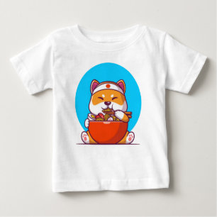 T-shirt Pour Bébé Cute Shiba Inu Manger Ramen Noodle dessin animé