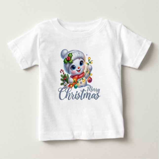 T-shirt Pour Bébé Cute Snowgirl Merry Christmas Lights Tee (Devant)