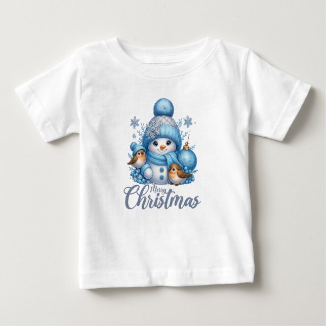 T-shirt Pour Bébé Cute Snowman and Winter Birds Christmas  (Devant)