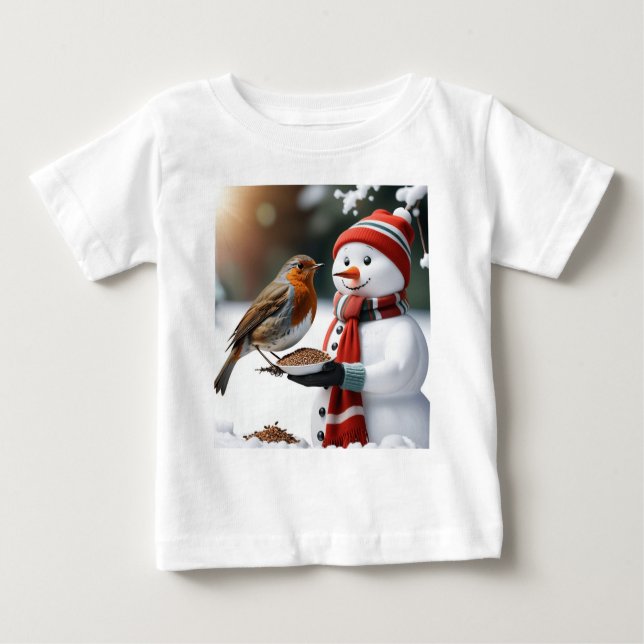 T-shirt Pour Bébé Cute Snowman nourrit un design de Noël Robin (Devant)