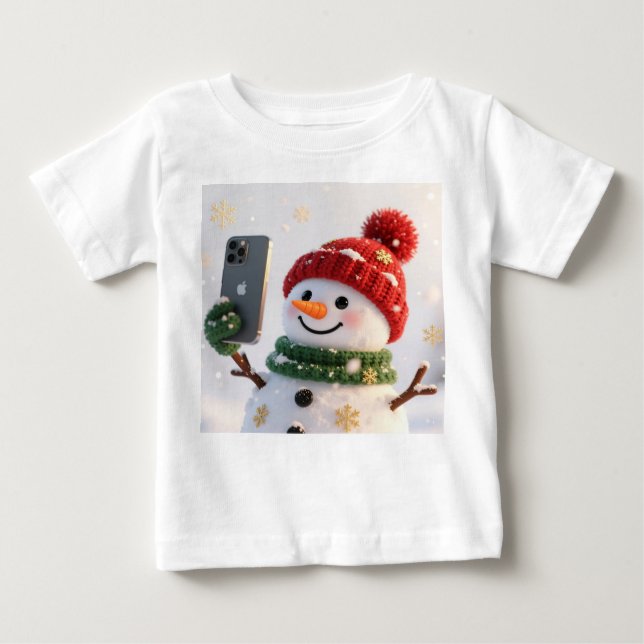T-shirt Pour Bébé Cute Snowman with Phone Christmas Design (Devant)