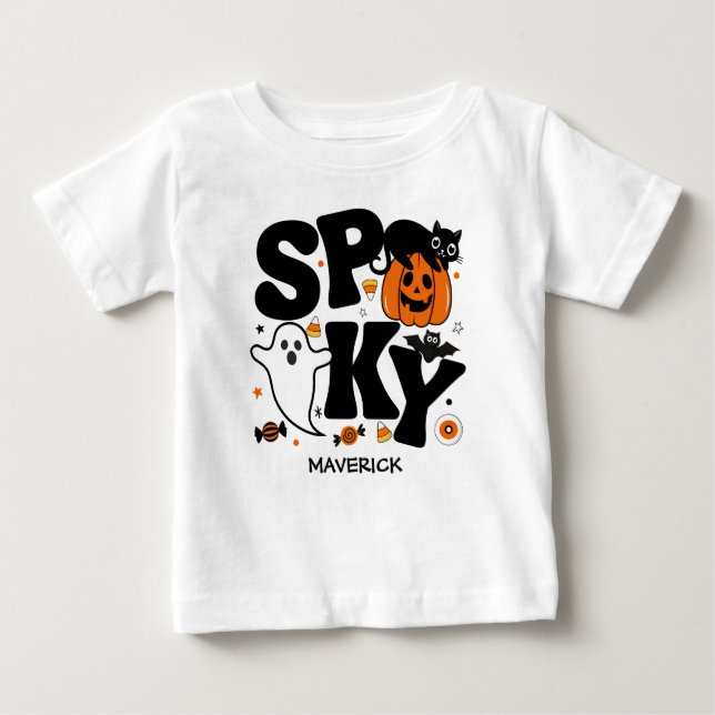 T-shirt Pour Bébé Cute Spooky Halloween Black and Orange (Devant)