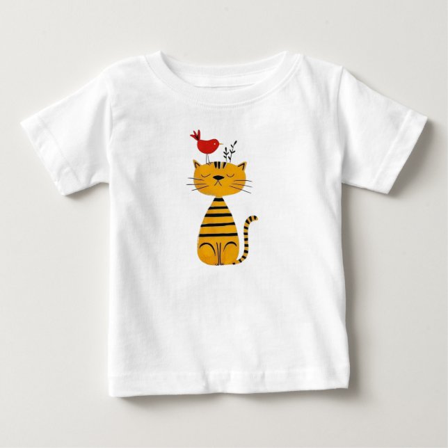 T-shirt Pour Bébé Cute Striped Cat and Red Bird Art (Devant)