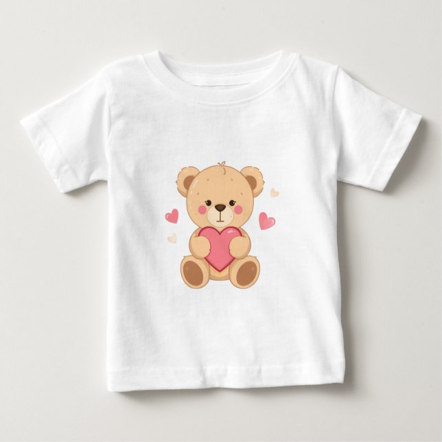 T-shirt Pour Bébé Cute Teddy Bear Holding Heart – Valentine Love Ill (Devant)