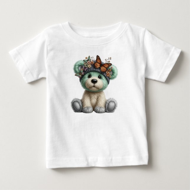 T-shirt Pour Bébé Cute Teddy Bear with Butterflies Floral Plush (Devant)