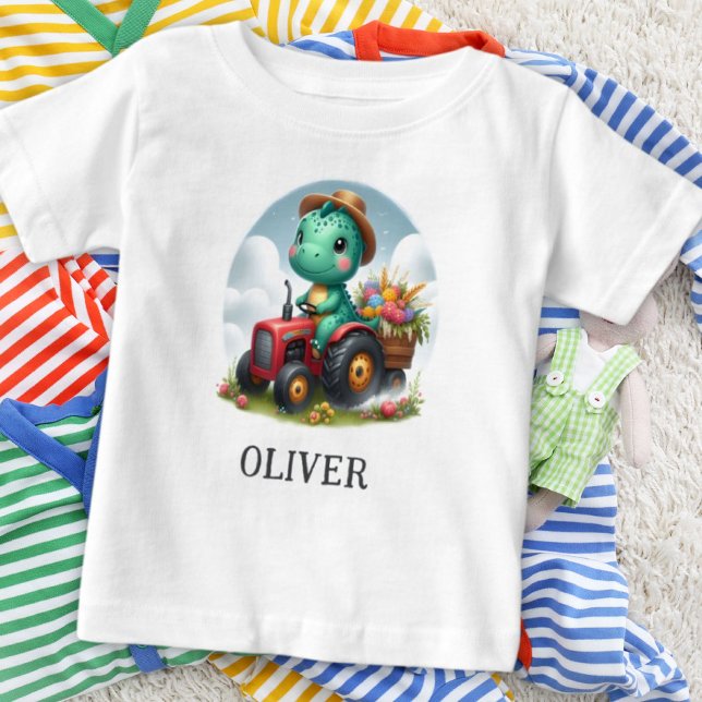 T-shirt Pour Bébé Cute Trex Dinosaur conduisant un tracteur rouge (Créateur téléchargé)