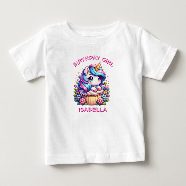 T-shirt Pour Bébé Cute Unicorn & Cupcake Personnalisé Anniversaire F (Devant)