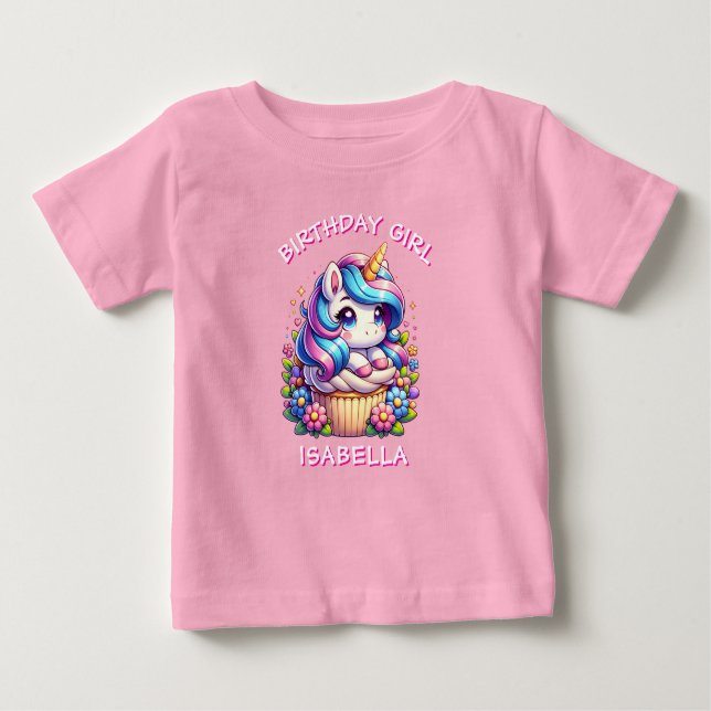 T-shirt Pour Bébé Cute Unicorn & Cupcake Personnalisé Anniversaire F (Devant)