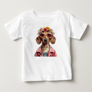T-shirt Pour Bébé Dachshund Floral de Style Vintage