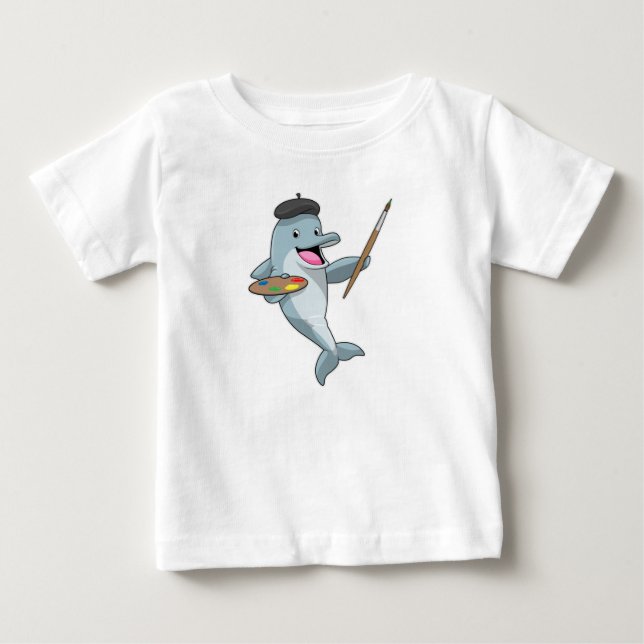 T-shirt Pour Bébé Dauphin comme Peintre avec pinceau et couleur (Devant)