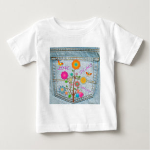 T-shirt Pour Bébé Denim Back Fleurs de poche Paix Aimer Espoir