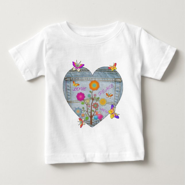 T-shirt Pour Bébé Denim Pocket Fleurs cardiaques Papillons (Devant)