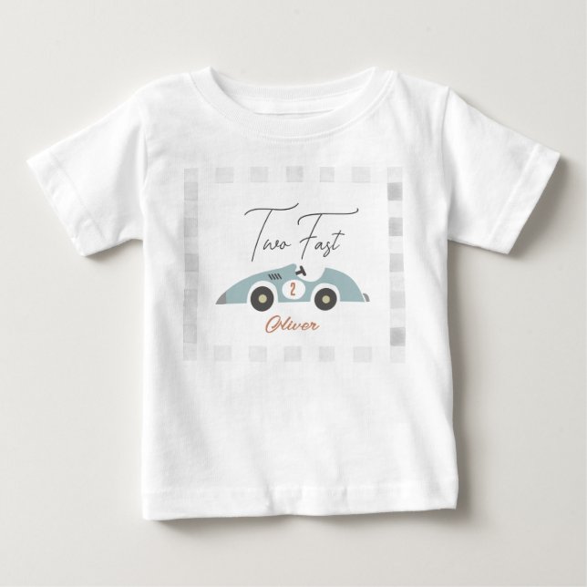T-shirt Pour Bébé Deux Garçon de Voiture de Course Bleue Rapide 2ème (Devant)