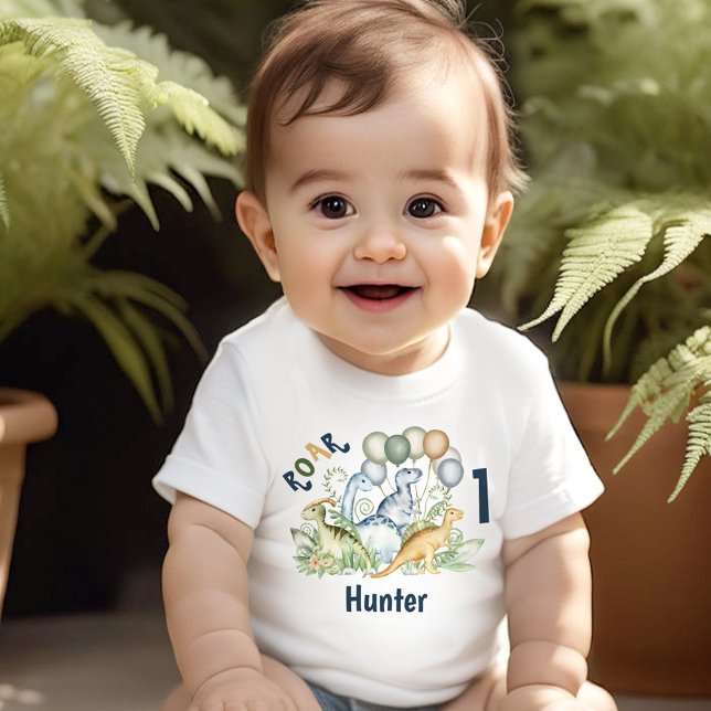 T-shirt Pour Bébé Dinosaur Boy Blue Green Nom 1er anniversaire (Dinosaur Boy Blue Green Name 1st Birthday Baby T-Shirt)