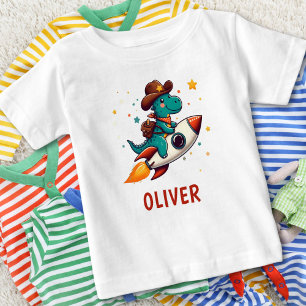 T-shirt Pour Bébé Dinosaure Cowboy Mignon à Vélo dans une Fusée Spat