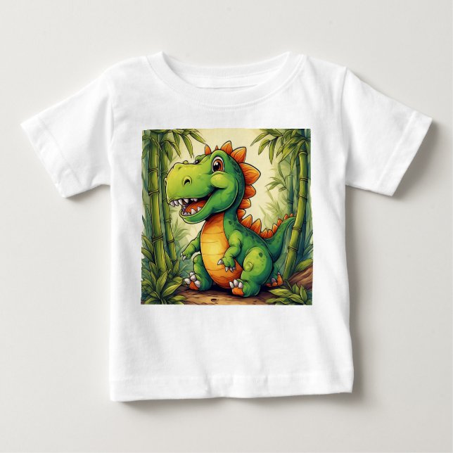 T-shirt Pour Bébé Dinosaure de dessin adorable dans la jungle verte  (Devant)