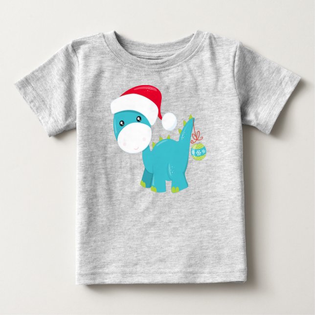 T-shirt Pour Bébé Dinosaure de Noël, Santa Hat, Dino, Brontosaurus (Devant)