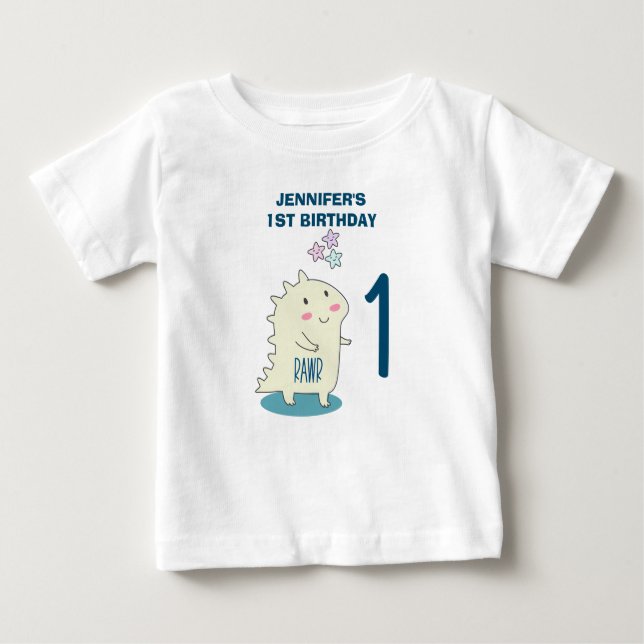 T-shirt Pour Bébé Dinosaure souriant jaune mignon 1er anniversaire (Devant)