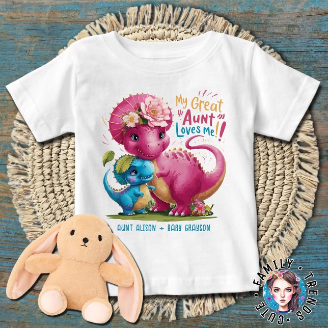 T-shirt Pour Bébé Dinosaures rose et bleu Ma grande tante m'aime (Créateur téléchargé)