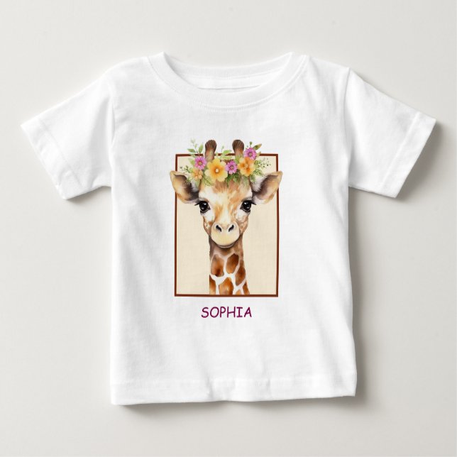 T-shirt Pour Bébé Douce Safari Bébé Girafe Rose et Jaune (Devant)