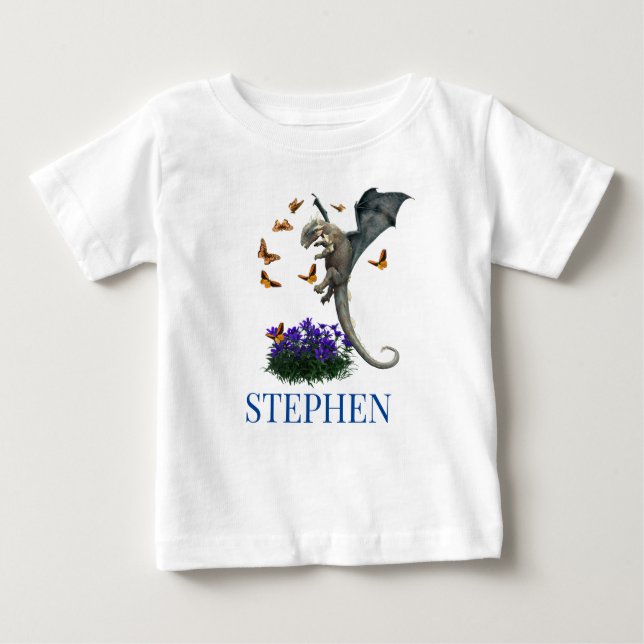 T-shirt Pour Bébé Dragon Bébé Avec Papillons Personnalisé (Devant)