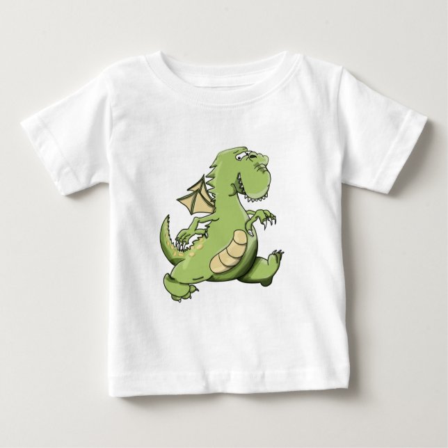 T-shirt Pour Bébé Dragon vert caricature marchant sur ses pieds (Devant)