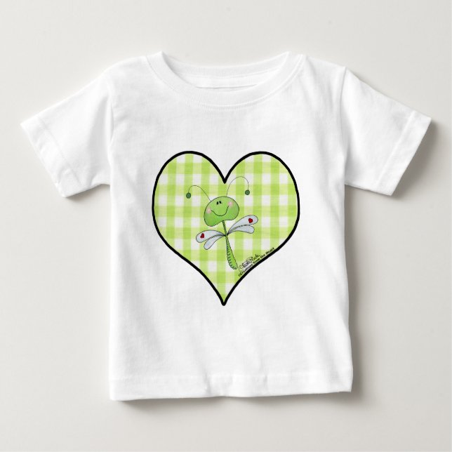 T-shirt Pour Bébé Dragon Voler dans en vichy coeur vert (Devant)