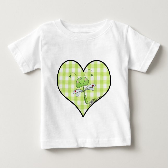 T-shirt Pour Bébé Dragon Voler dans en vichy coeur vert (Devant)