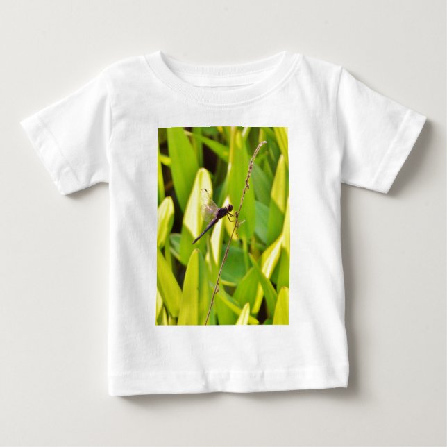 T-shirt Pour Bébé Dragonfly Blue et noir sur l'herbe. (Devant)