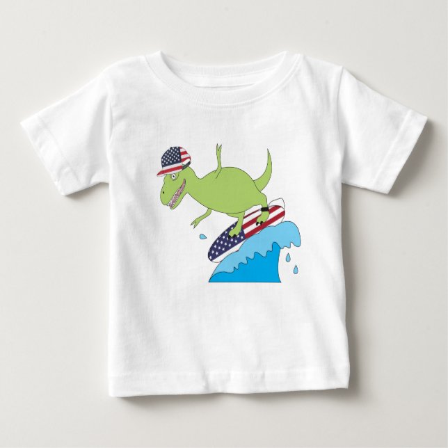 T-shirt Pour Bébé Drapeau américain Dinosaur Surfing (Devant)