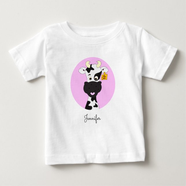 T-shirt Pour Bébé Drôle dessin de vache rose nom bébé chemise (Devant)
