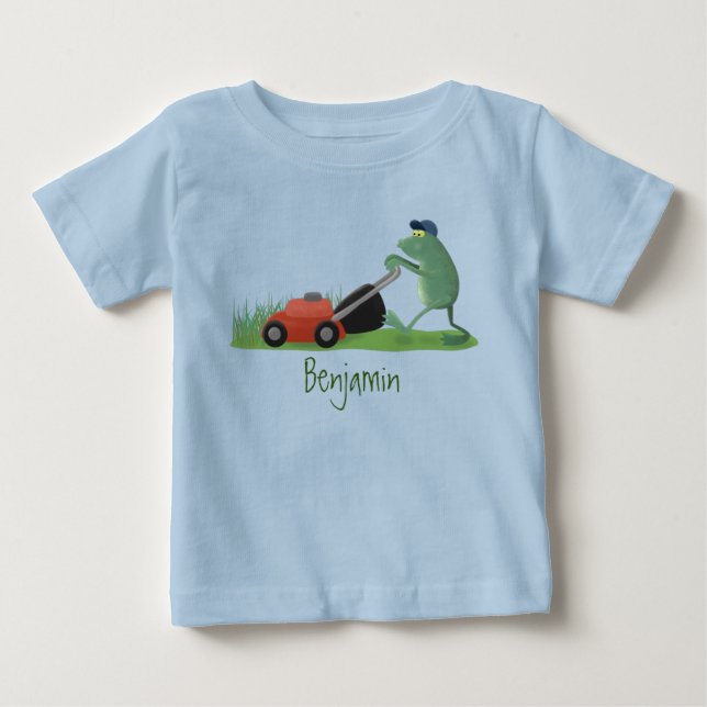 T-shirt Pour Bébé Drôle grenouille verte tondre la pelouse dessin (Devant)