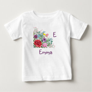 T-shirt Pour Bébé E Emma Personnaliser Nom de la lettre, Fleurs Rose