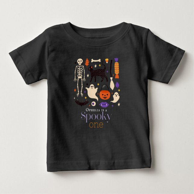 T-shirt Pour Bébé Éffrayant Un Halloween Motifs Noir 1er Anniversair (Devant)