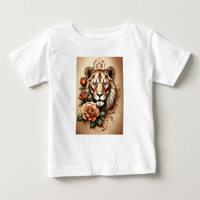 T-shirt Pour Bébé Élégance sauvage : Lionesse & Tatouage Rose T-Sh i (Devant)
