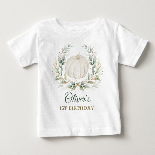 T-shirt Pour Bébé Elégant automne Citrouille verdure or Anniversaire (Devant)