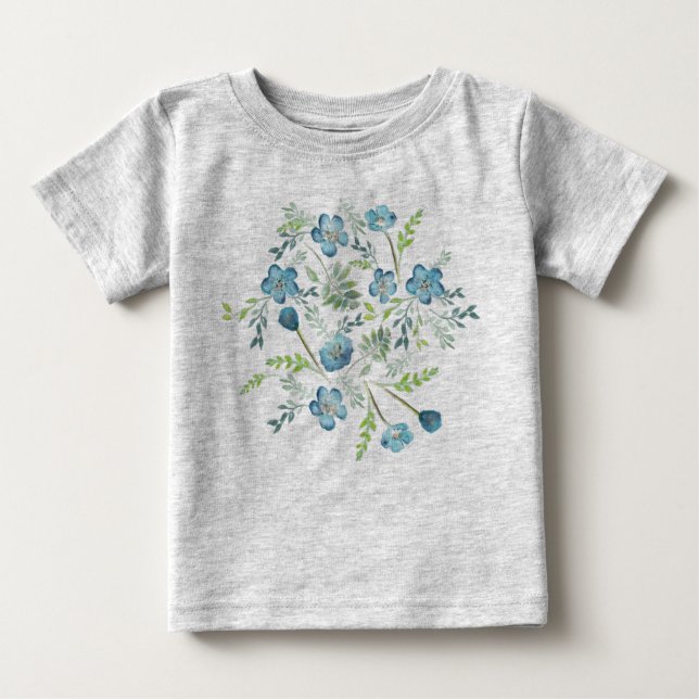 T-shirt Pour Bébé Elégant Boho bleu vert Aquarelle Fleurs (Devant)