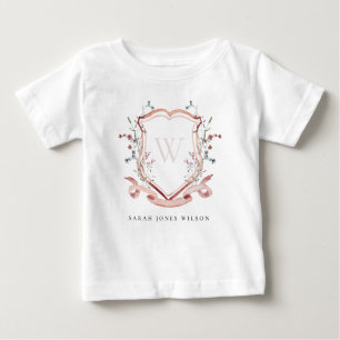 T-shirt Pour Bébé Élégant Fleur sauvage rose Aquarelle Crest Monogra