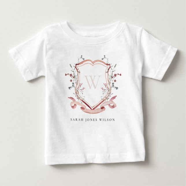 T-shirt Pour Bébé Élégant Fleur sauvage rose Aquarelle Crest Monogra (Devant)