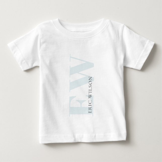 T-shirt Pour Bébé Élégant Simple Minimal Blue Boys Nom Monogramme (Devant)