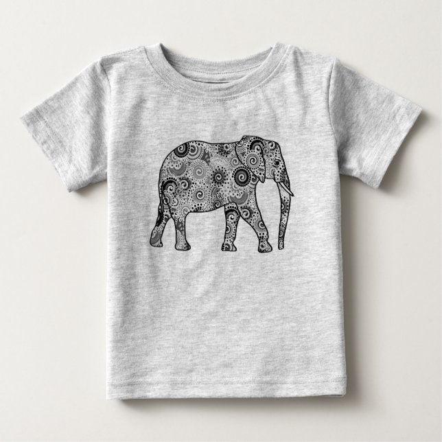 T-shirt Pour Bébé Éléphale tourbillon fractal - gris, noir et blanc (Devant)