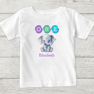 T-shirt Pour Bébé Éléphant 1er Anniversaire un avec nom violet
