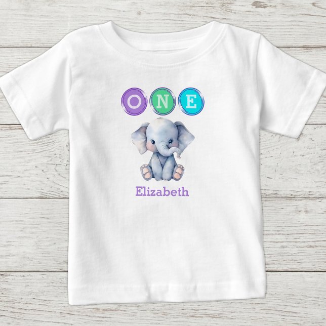 T-shirt Pour Bébé Éléphant 1er Anniversaire un avec nom violet (Créateur téléchargé)