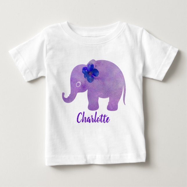 T-shirt Pour Bébé Éléphant à l'aquarelle Hibiscus Personnalisable (Devant)