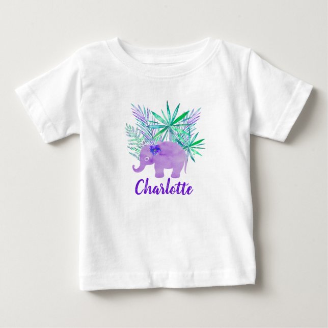T-shirt Pour Bébé Éléphant Aquarelle Jungle Tropical Personnalisable (Devant)
