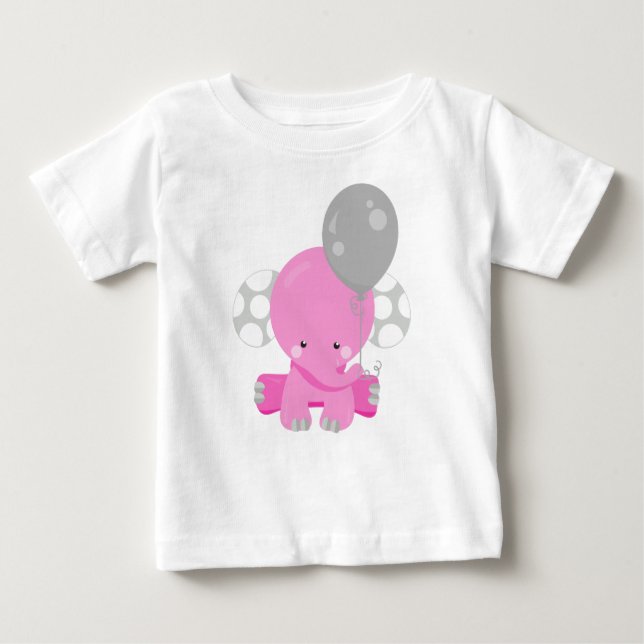 T-shirt Pour Bébé Eléphant Avec Ballons, Eléphant Rose, Animal Migno (Devant)
