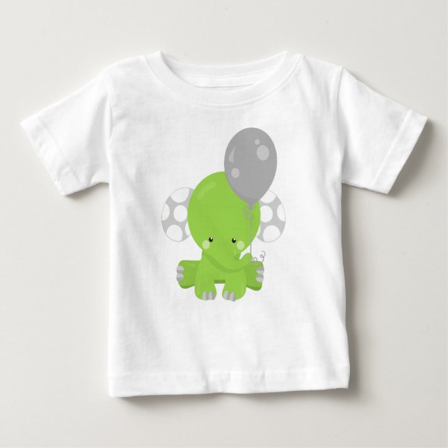 T-shirt Pour Bébé Eléphant Avec Ballons, Eléphant Vert, Animal Migno (Devant)