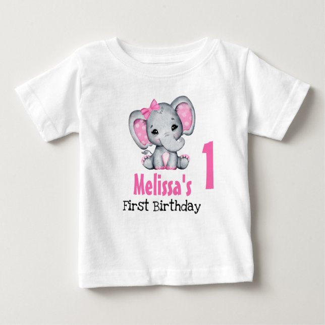 T-shirt Pour Bébé Eléphant Bébé rose mou Premier anniversaire (Devant)