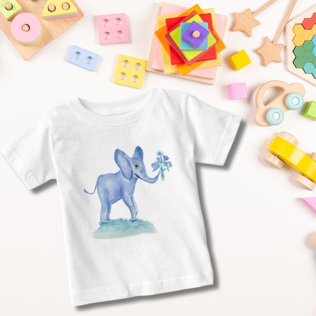 T-shirt Pour Bébé Éléphant Bleu à l'Aquarelle avec des Fleurs (Créateur téléchargé)